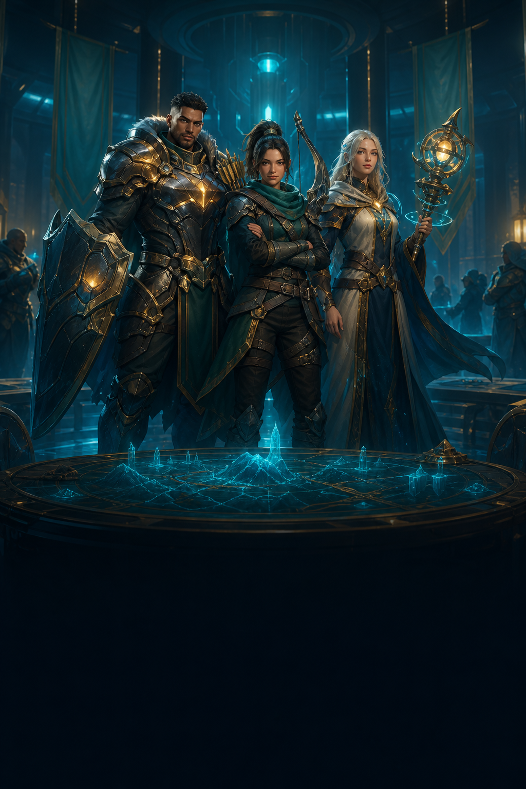 Gaming guild preparing around a raid strategy table